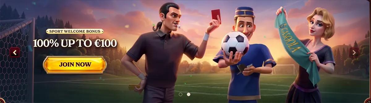 Sports betting welcome bonus banner with 100% up to €100 promotion