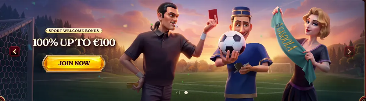 Sports betting welcome bonus banner with 100% up to €100 promotion