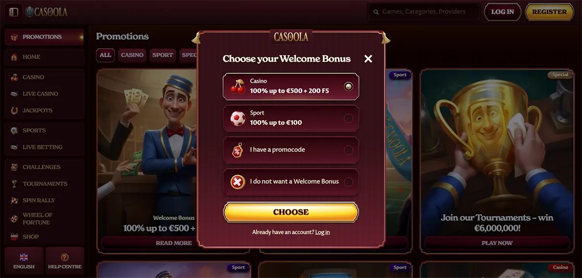 Casino welcome bonus selection popup with casino and sports bonus options