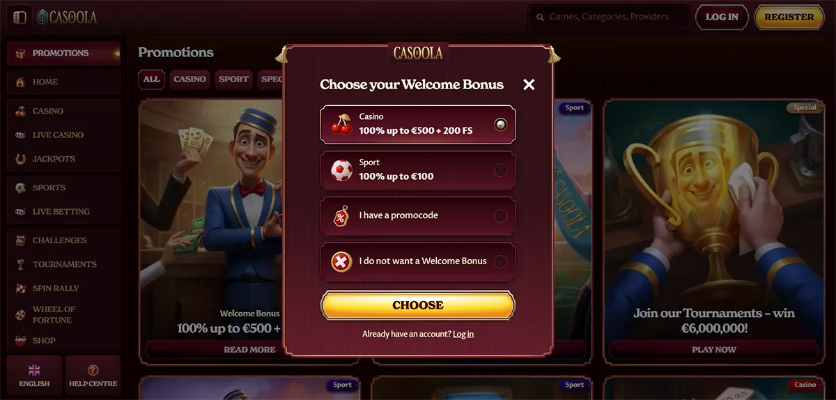 Casino welcome bonus selection popup with casino and sports bonus options